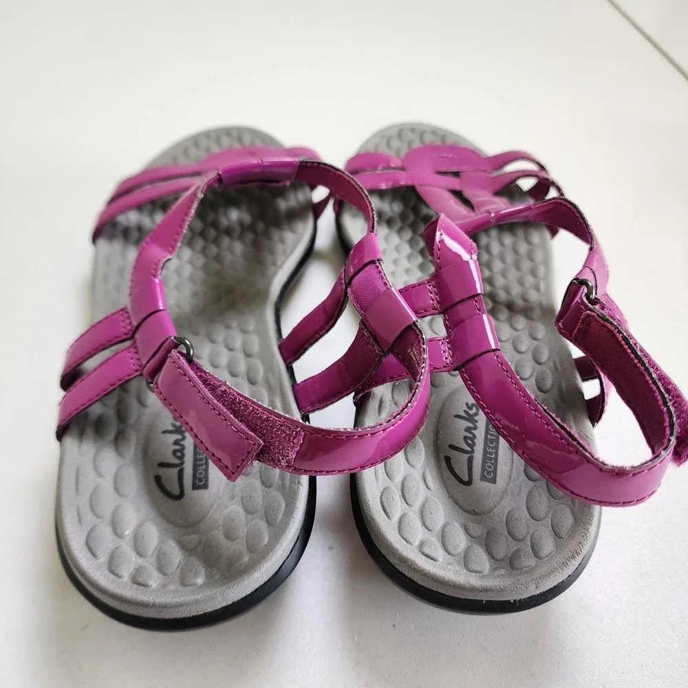 Clarks Womens Sonar Aster Sandals Size 10W Magenta Purple Leather Strappy Wedge